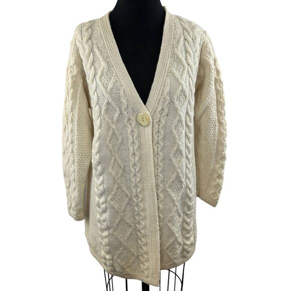 VINTAGE Aran Crafts Cream Irish 100% Merino Wool Cable Kni Cardigan Sweater L - Picture 1 of 5